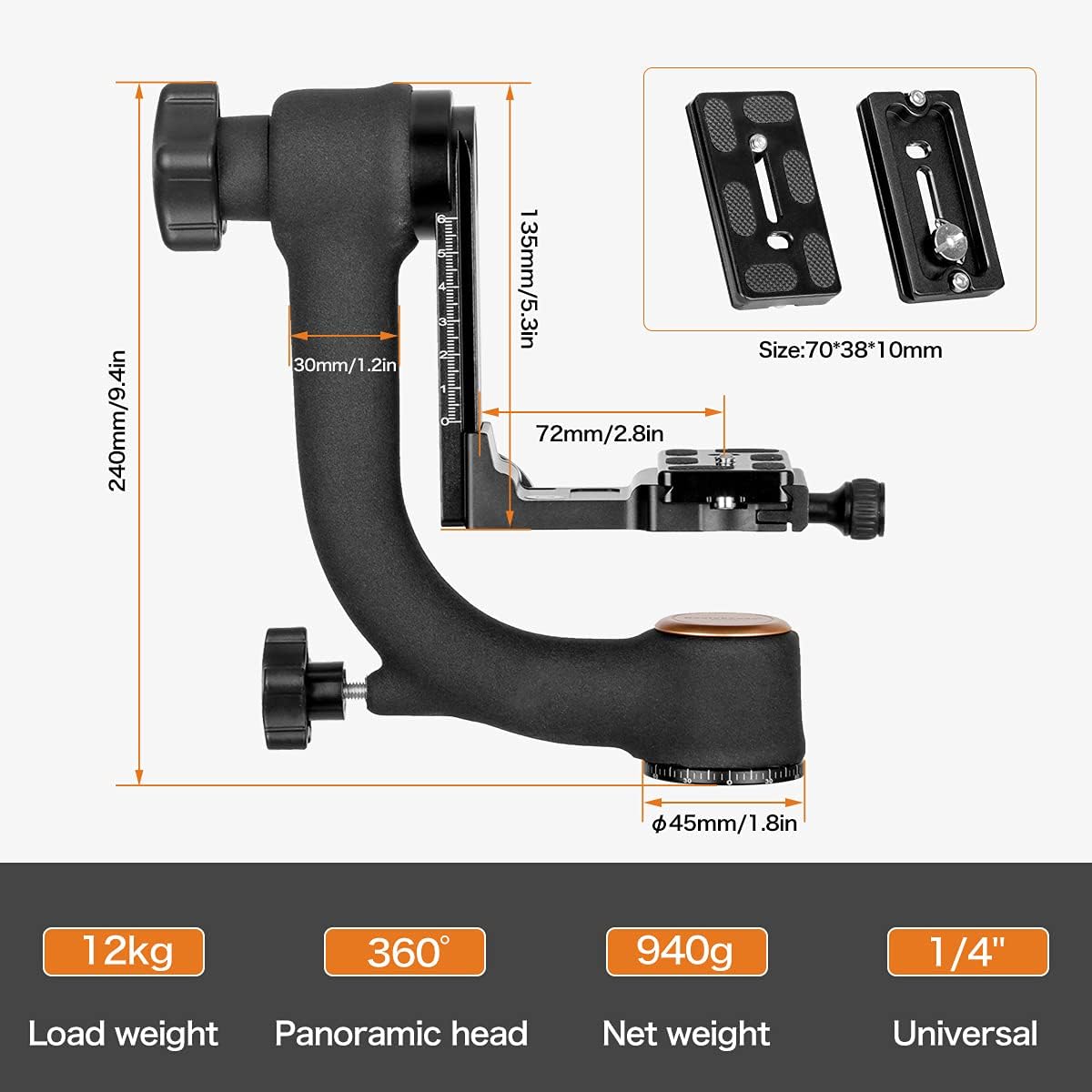 Q45 Gimbal Head Heavy Duty Metal Gimbal Tripod Head with Arca-Type Quick Release Plate and Bubble Level L66691