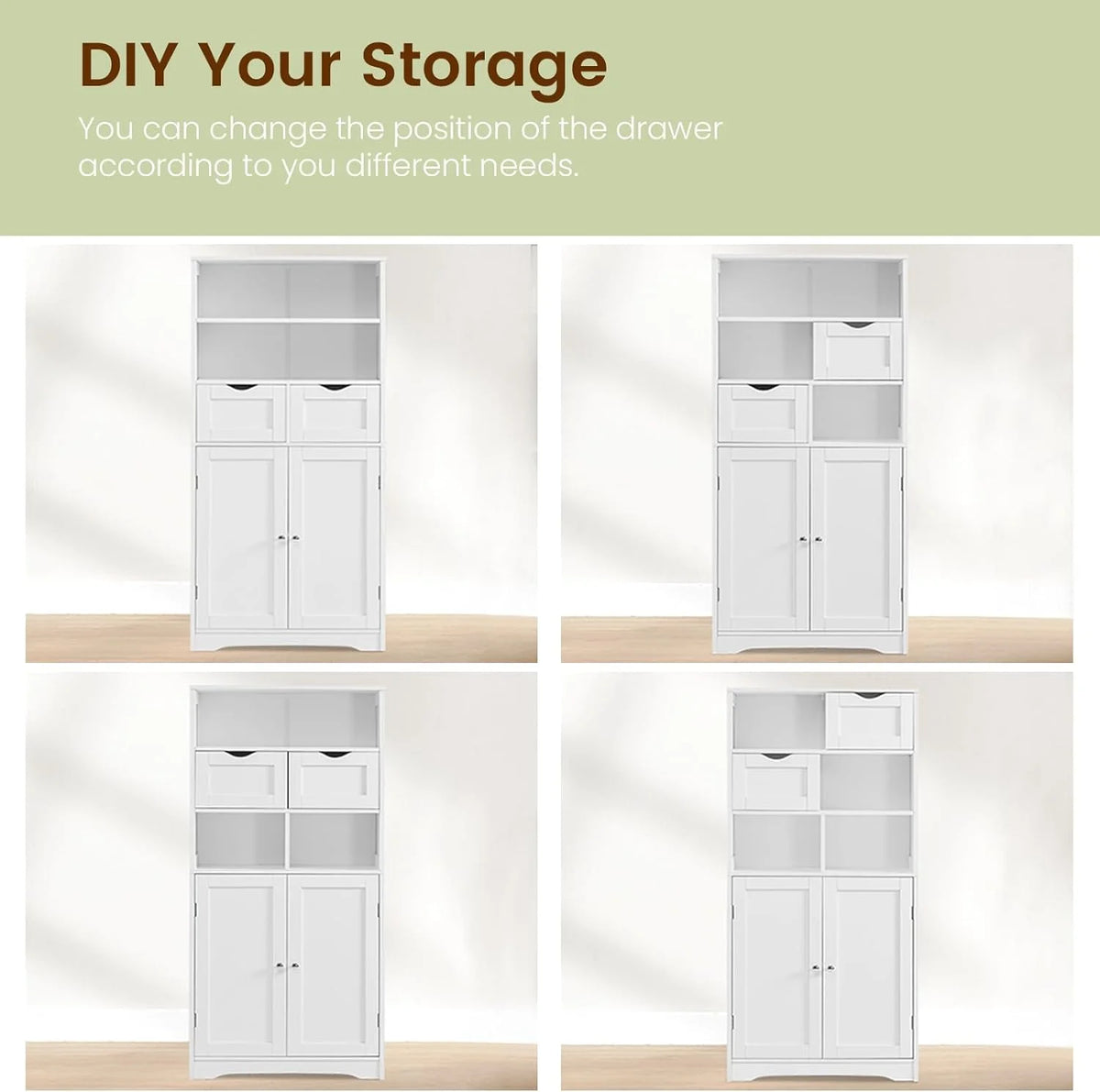 White Tall Bathroom Storage Cabinet with 2 Drawers I353114