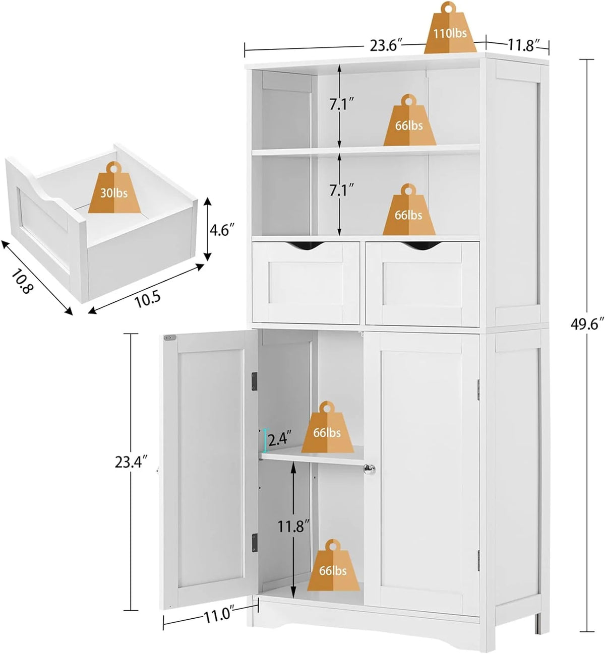 White Tall Bathroom Storage Cabinet with 2 Drawers I353114